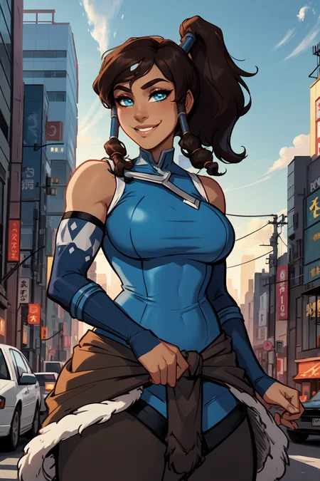 (1girl:1.3), (solo:1.2), curvy, (masterpiece:1.2), (best quality:1.2), (dynamic pose:1.4), (confident:1.2), smile
<lora:BlushySpicy [MockAi - v1.0]:0.8> blushyspicy, thick lineart, cute, pinup, vibrant colors, (large breasts:1.4), (cowboy shot:1.2), <lora:Korra [Konan - v2.0]:0.8> korra, long hair, (brown hair:1.2), black hair, blue eyes, ponytail, dark skin, dark-skinned female, topknot, (hair tubes:1.4), fur-trimmed jacket around waist, (blue halterneck top:1.3), armlet, vambraces, (bare shoulders:1.3), (arm_warmers:1.3), sleeveless, (city center:1.3), (tokyo:1.2), highrise buildings, daylight, on the street, cars,
