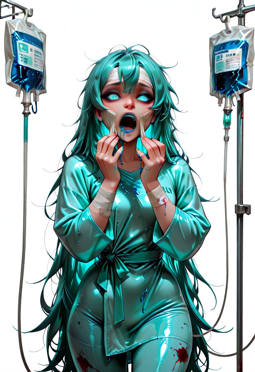 channelstyle, solo, intravenous drip, long hair, hospital gown, bandages, bandaged head, blood, 1girl, aqua eyes, looking at viewer, very long hair, pants, simple background, aqua hair, open mouth, hatsune miku, injury, messy hair, bandaid, empty blood bag, shirt, bandaged arm, cowboy shot, white background, long sleeves, hair down,blue screen of death, glitch,vomiting,
Blue Vomit, masterpiece, best quality, very aesthetic, g0th1c, glowing, neon lights, glowing eyes,, masterpiece, best quality, very aesthetic, easynegative, ltxdoll, (color) dollmask, (color) bodysuit,, covered eyes, covered mouth, covered face,, maskpull, pulling mask,, O-shaped mouth, open mouth, (color) O-ring, (color) inner mouth,, Dollmouth, open mouth, (color) lips, (color) inner mouth,, white eyes, eyebrows, eyeshadow,