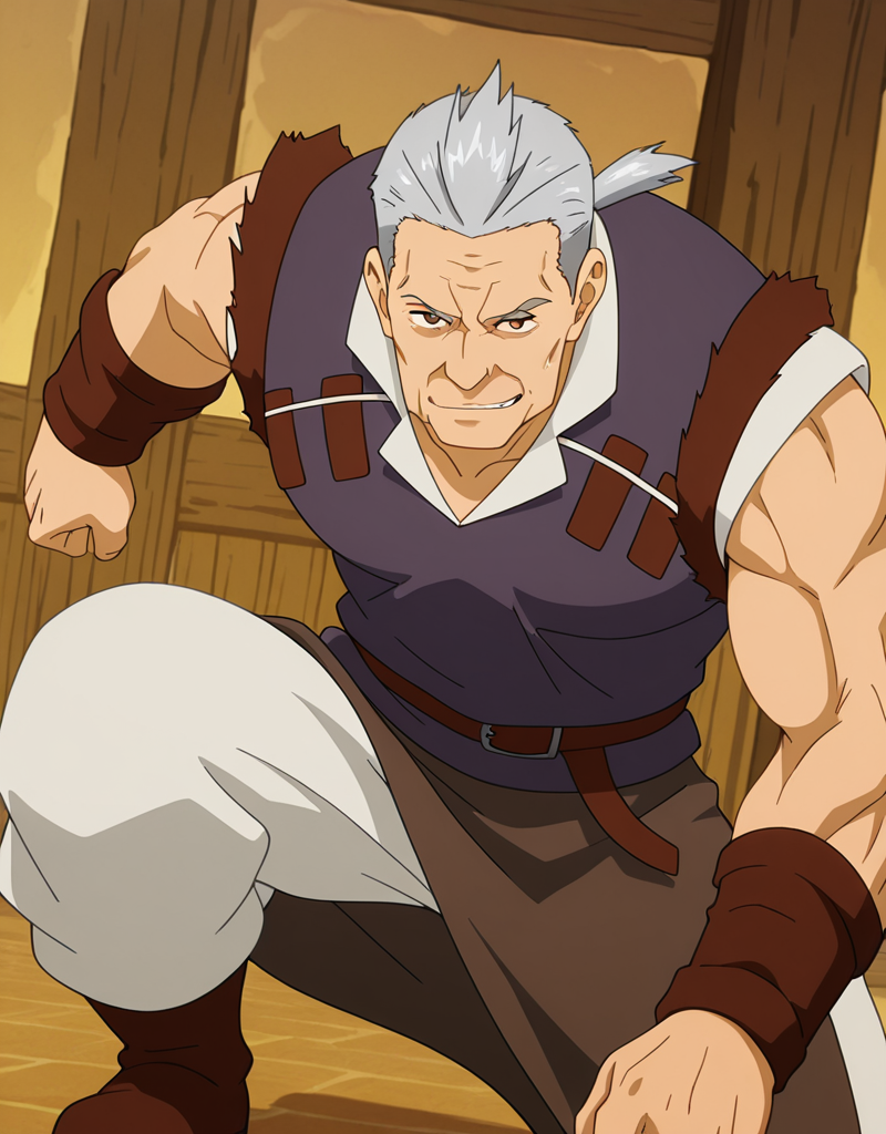 best quality, amazing quality, newest, perfect quality, best quality, highres, 1boy, male, male focus, solo, detailed body, detailed face, detailed eyes,

Willem, silver hair, ponytail, brown eyes, old muscle male, 

wearing sleeveless indigo tunic with torn leather shoulders, white undershirt, brown leather bracers, brown belt, long brown apron, white pants, brown boots,

looking at viewer, indoor, smile, smirk, dynamic pose,  sexy posing, dutch angle

