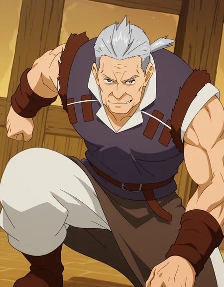 best quality, amazing quality, newest, perfect quality, best quality, highres, 1boy, male, male focus, solo, detailed body, detailed face, detailed eyes,
Willem, silver hair, ponytail, brown eyes, old muscle male,
wearing sleeveless indigo tunic with torn leather shoulders, white undershirt, brown leather bracers, brown belt, long brown apron, white pants, brown boots,
looking at viewer, indoor, smile, smirk, dynamic pose, sexy posing, dutch angle