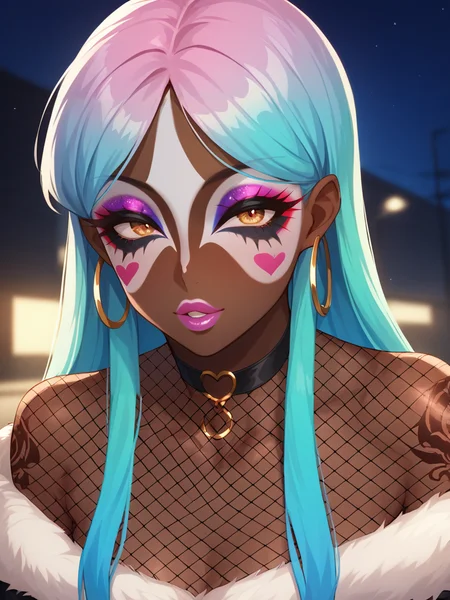 Score_9, score_8_up, score_7_up, score_6_up,  source_anime, 1girl, solo, long hair, night street background, godrays, neon glow, gradient hair, highlights, hoop earrings, dark-skinned female, tattoo, colored skin, BREAK, (yamanba, white facepaint makeup:1.3),  face stickers, pursed lips, parted lips, eyeshadow, very dark skin, makeup, animal print, fur, fishnets, choker,  (glitter, long eyelashes), slutty clothes, jewelry, white face tattoo, large intricate hair accessories, big voluminous hair, <lora:ManbaXL4:0.75>, BREAK,OverallDetailXL, BREAK,