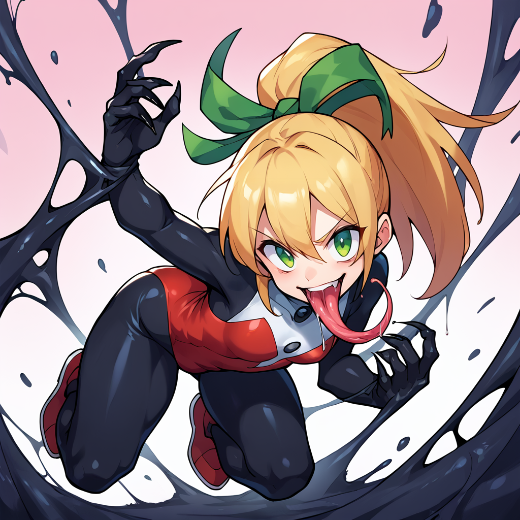 score_9, score_8_up, score_8, score_7, cover in black goo, <lora:s1m13073PNYXL_V00:0.6> s1m13073, saliva, long tongue, claws, black bodysuit, full body, <lora:r011mmPNYXL_V01:1> r011mm, 1girl, looking at viewer, blonde hair, ponytail, green eyes, red footwear, green ribbon, red dress, bodysuit