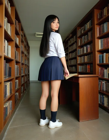 Stable_Yogis_PDXL_Positives2 1girl, solo, long hair, looking at viewer, skirt, black hair, standing, school uniform, full body, pleated skirt, shoes, socks, indoors, looking back, black skirt, from behind, black eyes, book, white footwear, black socks, sneakers, desk, kneepits, bookshelf, presenting