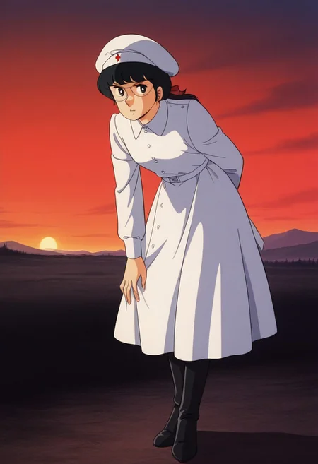 1girl, solo, Flammy_Hamilton, Black hair, straight hair, Black eyes, low ponytail with a red ribbon, girl with glasses, high resolution, more details, 8k quality, score_9, score_8_up, score_7_up, masterpiece, best quality, official art, official style, very aesthetic, absurdres, source_anime, perfect anatomy, 1980s (style), hanging eyes, perfect proportions, anatomically correct, perfect hands, perfect fingers, high resolution, more details, 8k quality, best quality, white dress, black and white boots, white beret with a red cross on front, battlefield as background, world war I, no man's land, sunset. magic hour,