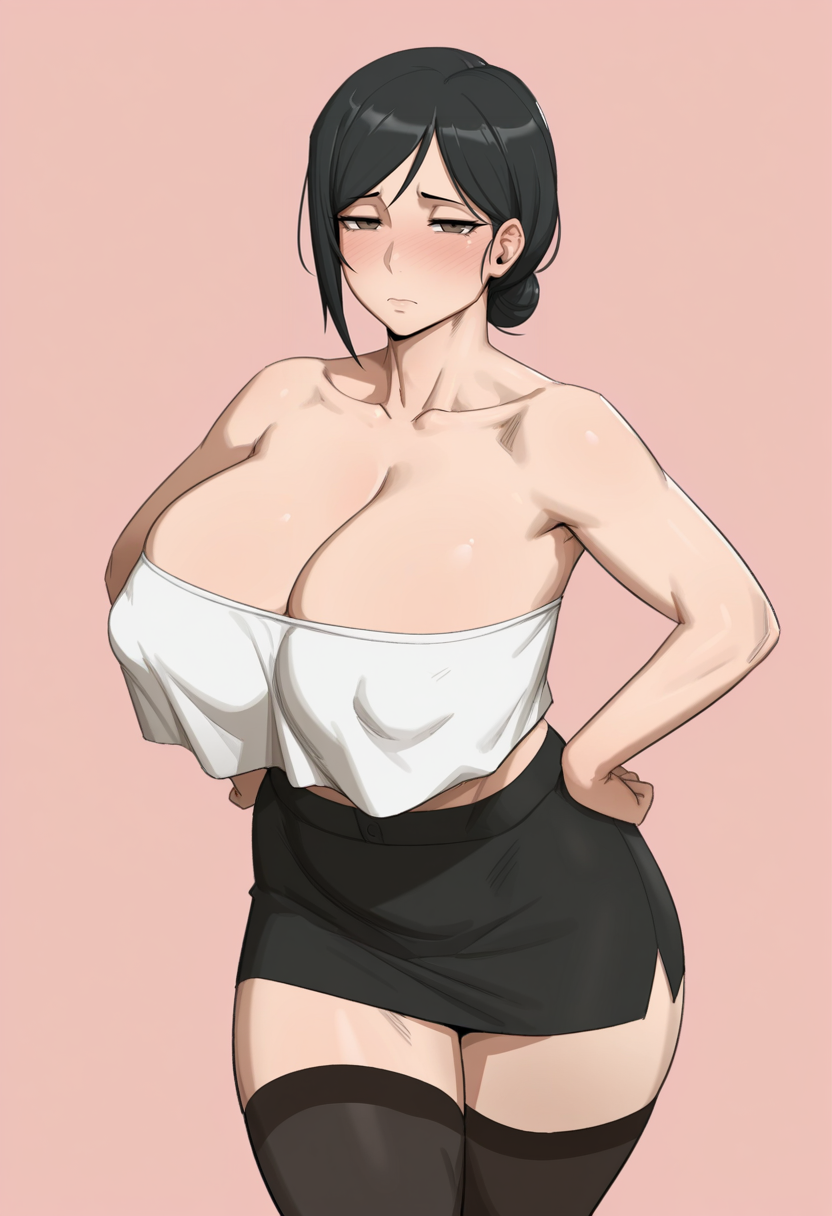 masterpiece, best quality, <lora:kunaboto:1> k0n4b0t0, mature female, 1girl, solo,standing,hands on own hips, looking at viewer, half-closed eyes, blush,black hair, short hair, white tube top, crop top overhang, strapless, thighhighs, zettai ryouiki, collarbone, cleavage, black miniskirt, pink background, simple background, portrait,