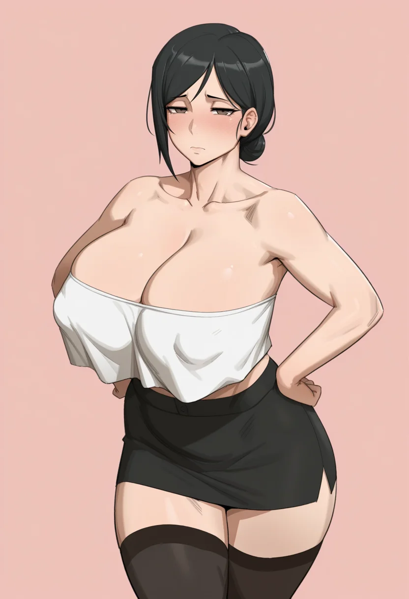 masterpiece, best quality, <lora:kunaboto:1> k0n4b0t0, mature female, 1girl, solo,standing,hands on own hips, looking at viewer, half-closed eyes, blush,black hair, short hair, white tube top, crop top overhang, strapless, thighhighs, zettai ryouiki, collarbone, cleavage, black miniskirt, pink background, simple background, portrait,