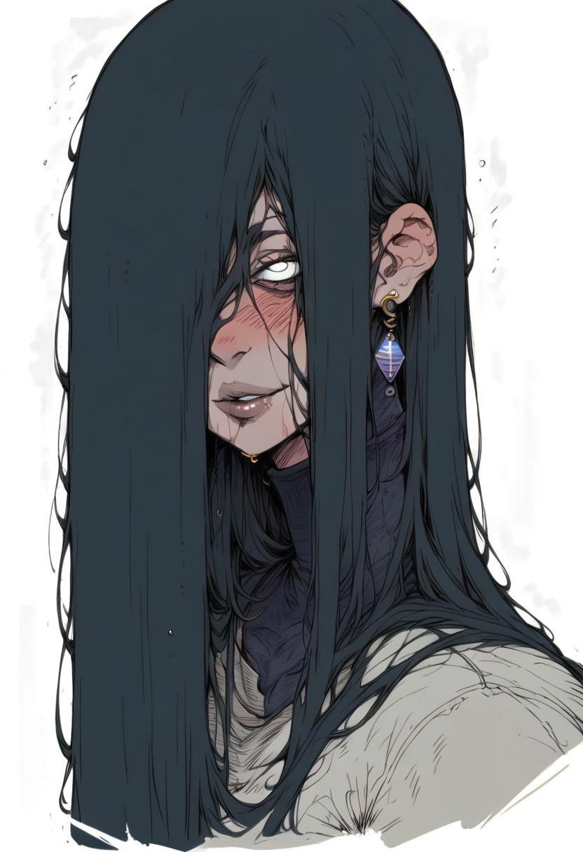 ((Rating_sfw)) , score_9, score_8_up, score_7_up, score_6_up, score_5_up, score_4_up,
best quality, highly detailed, intricate details, extremely detailed, smooth lines,
...
theonryoxl,long black hair,pale skin,white eyes,evil smile,very long hair,hair over one eyes,hair between eyes, dirty white dress with sleeves,skin tight, sagging breasts,wet clothes, dirt,night,old well, <lora:TheOnryoS:0.9>,((convenient_sensoring)) 
...
(looking at viewer), thick lips, parted lips, covered, earrings, (full body), blushed, focus on face,
...
abstract background, water,