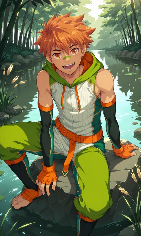 1boy, male focus, slim, Jirou, solo, looking at viewer, open mouth, smile, ember eyes, orange hair, white-green sleeveless hoodie, green hood, hood down, fingerless gloves, elbow gloves, shaded, sitting, on rock, lake, reeds, trees, (masterpiece:1.35), (very aesthetic, best quality:1.3), detailed shading, detailed skin, realistic shading, highly detailed, masterful composition, cinematic lighting, close-up, <lora:Jirou_XL_V10_ILL:1>