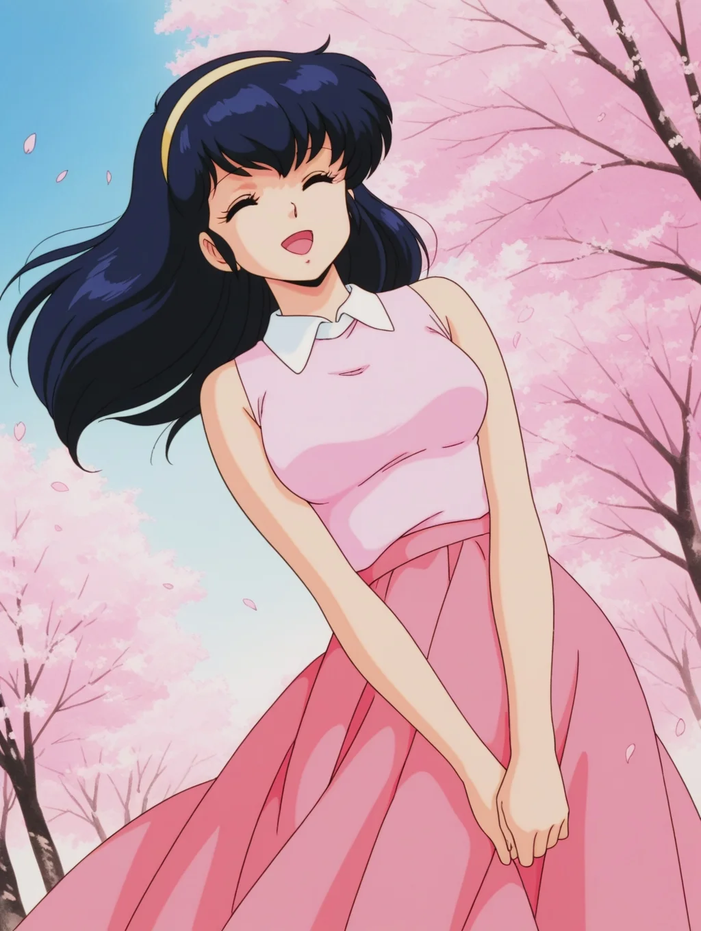 masterpiece, best quality, amazing quality, detailed background, perfect eyes, anime coloring, anime screenshot, 1980s \(style\), 1girl, solo, mature female, otonashi kyouko, black hair, long hair, blue eyes, medium breasts, yellow hairband, pink sleeveless shirt, white collar, bare shoulders, pink skirt, long skirt, looking at viewer, (closed eyes:1.2), smile, happy, open mouth, dutch angle, cowboy shot, (outdoors, cherry blossoms, petals, wind, floating hair, floating clothes)