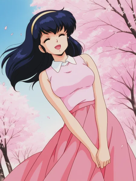 masterpiece, best quality, amazing quality, detailed background, perfect eyes, anime coloring, anime screenshot, 1980s \(style\), 1girl, solo, mature female, otonashi kyouko, black hair, long hair, blue eyes, medium breasts, yellow hairband, pink sleeveless shirt, white collar, bare shoulders, pink skirt, long skirt, looking at viewer, (closed eyes:1.2), smile, happy, open mouth, dutch angle, cowboy shot, (outdoors, cherry blossoms, petals, wind, floating hair, floating clothes)