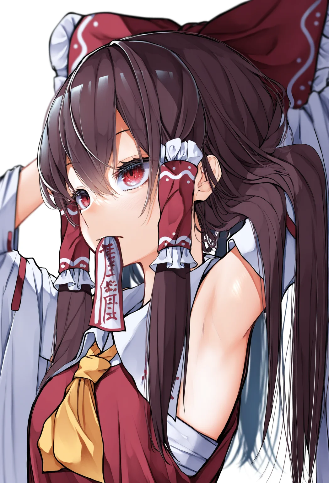 1girl, solo, hakurei reimu, bow, long hair, yellow ascot, red eyes, red bow, hair bow, ascot, hair tubes, brown hair, mouth hold, upper body, simple background, white background, detached sleeves, frilled bow, frills, ribbon trim, frilled hair tubes, ribbon-trimmed sleeves, wide sleeves, ofuda, arms up
,masterpiece,best quality,very aesthetic,absurdres
<lora:ããããã¤ãfornoob:0.95>