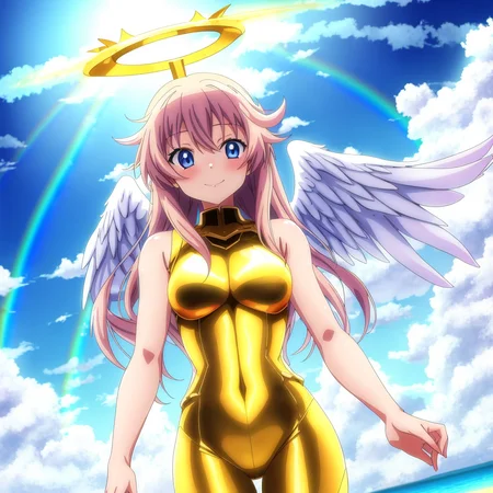 1girl, (anime), angel, in the sky, cloud, sunlight, star, light, flash, wearing golden armor, halo, angel wings, rainbow