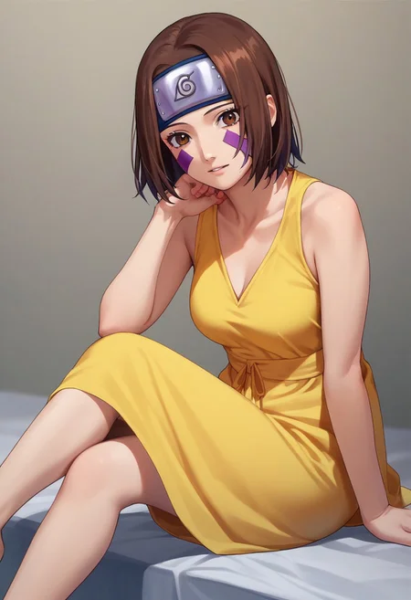 score_9, score_8_up, score_7_up, source_anime, 1woman, 35 years old, grown up, mature, slim, beautiful, nohara rin, short hair, brown hair, brown eyes, purple facial mark, forehead protector, yellow sundress, sitting, <lora:Nohara Rin 1 rep-000010:1>