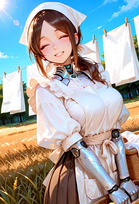 score_9, masterpiece, best quality, dynamic angle, 8k, 1girl, humanoid, cute, kawaii, parted bangs, brown hair, ponytail, smiling,parted lips,(turning head over shoulder:1.2), looking viewer,from front, closed eyes,(holding one big brown laundry basket with both hands), natural pose,large breast,(face close-up:1.4),portrait,
BREAK
housekeeper, (wearing a triangular headscarf, white apron on frilled white blouse,dark brown long skirt:1.3), modest design, puff sleeves, clean and neat outfit, soft sunlight on fabric
BREAK
(mechanical face skin, white mechanical head gear parts, white mechanical neck, white mechanical skin, white mechanical arms and hands), visible mechanical joints, subtle surface texture, reflective metallic accents
BREAK
(sunlit outdoor clothesline, pure white sheets fluttering in the breeze, vivid blue sky, bright sunlight casting gentle shadows on grass, warm and peaceful summer atmosphere), fresh air feeling, soft shadows, fluttering fabric, gentle wind effect