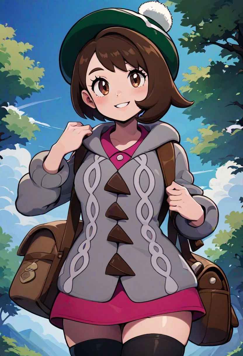 score_9, score_8_up, score_8, medium breasts, (curvy), cute, eyelashes,  
gloria \(pokemon\). 1girl, solo, looking at viewer, blush, smile, short hair, bangs, brown hair, thighhighs, long sleeves, hat, dress, brown eyes, cowboy shot, outdoors, parted lips, sky, day, cloud, bag, tree, buttons, bob cut, backpack, cardigan, pink dress, green headwear, collared dress, holding strap, cable knit, grey cardigan, brown bag, tam o' shanter, hooded cardigan