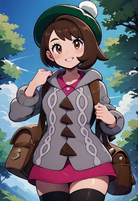 score_9, score_8_up, score_8, medium breasts, (curvy), cute, eyelashes,
gloria \(pokemon\). 1girl, solo, looking at viewer, blush, smile, short hair, bangs, brown hair, thighhighs, long sleeves, hat, dress, brown eyes, cowboy shot, outdoors, parted lips, sky, day, cloud, bag, tree, buttons, bob cut, backpack, cardigan, pink dress, green headwear, collared dress, holding strap, cable knit, grey cardigan, brown bag, tam o' shanter, hooded cardigan