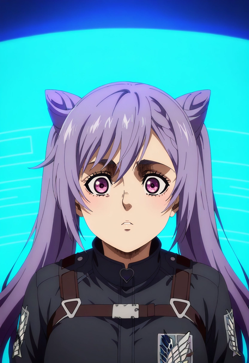masterpiece, best quality, anime screencap, anime coloring, official style, intricate details, , 1girl, keqing, purple hair, purple eyes, twintails, solo, quantum lab, holographic displays, energy fields, floating data, analyzing pose, focused expression, blue lighting, <lora:shingeki_no_kyojin_s4_style_ilxl:1>, shingeki_no_kyojin_s4_style