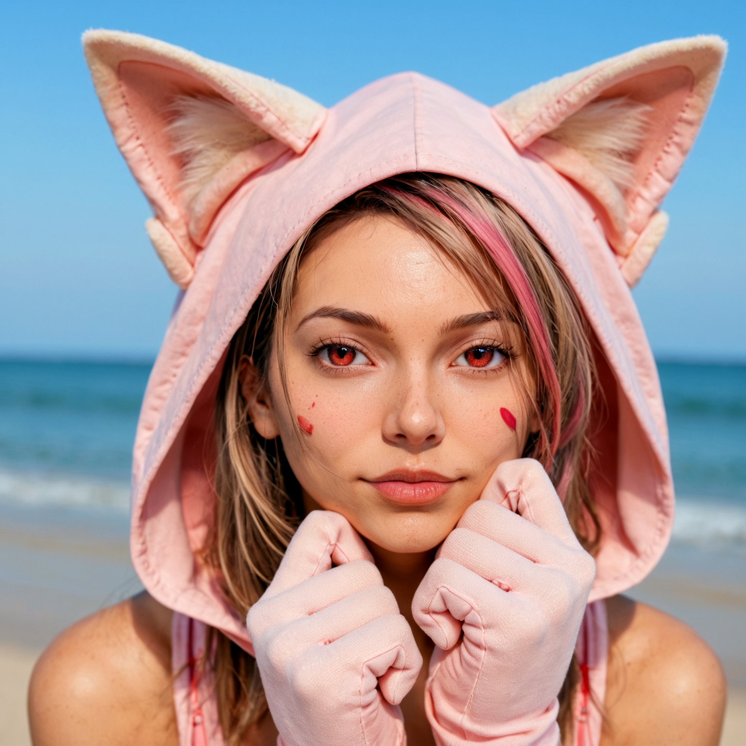 score_9, score_8_up, score_7_up, photo, photorealistic,   1girl, solo, blonde hair, tail, pink, fox_ears, cute, red eyes, medium hair, pastel, thick, gloves, hood, portrait,