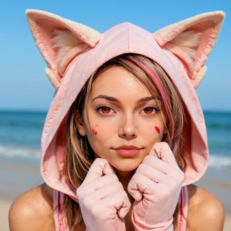 score_9, score_8_up, score_7_up, photo, photorealistic, 1girl, solo, blonde hair, tail, pink, fox_ears, cute, red eyes, medium hair, pastel, thick, gloves, hood, portrait,