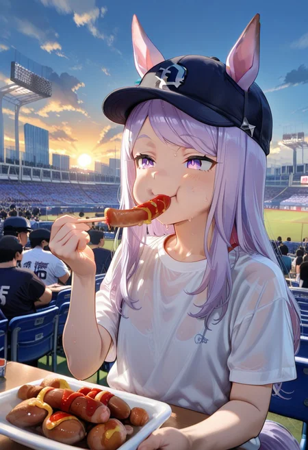 score_9,score_8_up,score_7_up,source_anime,anime coloring, masterpiece,best quality,amazing quality,1girl,solo,
sweat,look away,,shiny skin,
jingu stadium,outfield seats, stands, baseballfield, scenery, outdoors, audience, crowd, people, multiple boys, multiple girls, day, sunset, night, cloud, cloudy sky, sky, building, city, cityscape, skyscraper, sign, sun, blue sky, seats,
food, winnaamori, eating, eating winnaamori, holding, disposable plate, meat, bambooskewer, add ketchup and mustard,
t-shirt,(happy,smile),Puffy Cheeks,Baseball cap,
mejiro mcqueen\(umamusume\), (horse ears),, horse tail, flat chest,