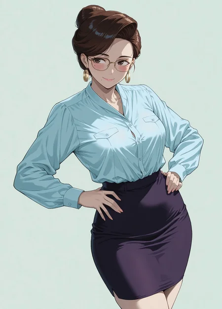 masterpiece, best quality, amazing quality, absurdres, 

Office_Lady_Normal, 1girl, brown hair, single hair bun, brown eyes, mole,

glasses, gold earrings, blue button-up shirt, long sleeves, tucked-in shirt, tight purple pencil skirt, Golden-frame eyewear,

, smile, standing, hands on the hips, cowboy shot, looking at viewer, looking to the side, standing, blush,simple background, green background,