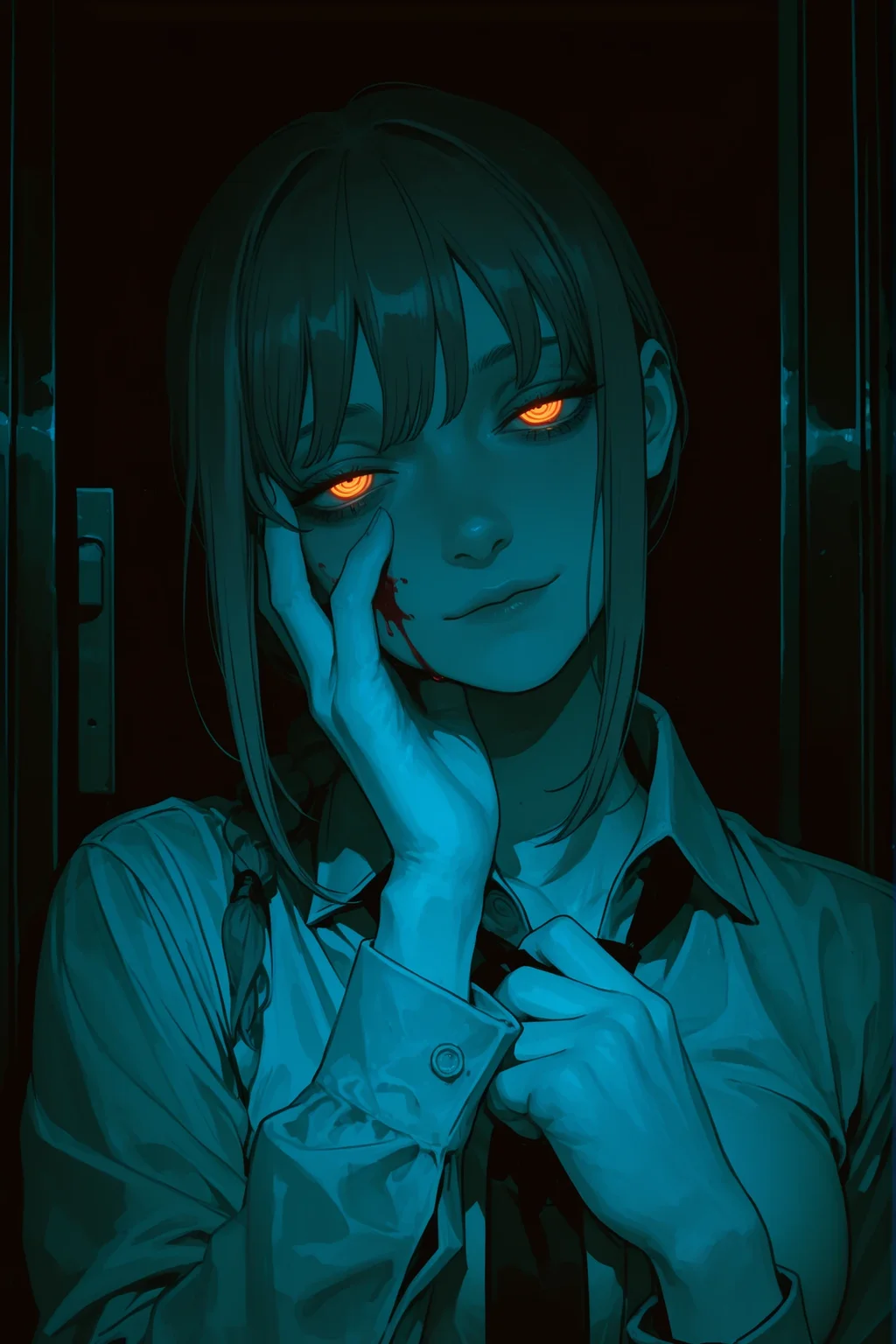 1girl, makima \(chainsaw man\), head tilt, smeared blood, blood on face, hand on own face, blood theme, violent theme, half-closed eyes, bored, glowing eyes, loose necktie, light smile, yandere, maniac, adjusting necktie, dark theme, black theme,
,masterpiece,best quality,amazing quality, semi-realism, color theory, 