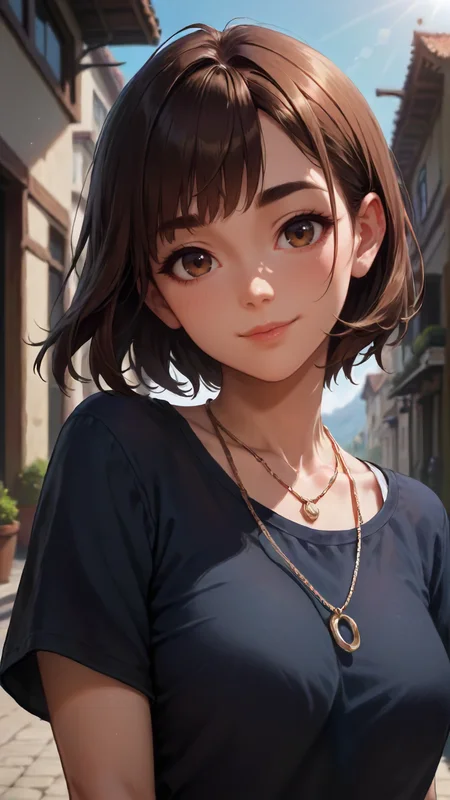 concept art, dark theme, low light, ((score_9), score_8_up, score_7_up), score_6_up, score_4_up, score_5_up, 1girl, solo, brown hair, smile, looking at viewer, necklace, jewelry, brown eyes, shirt, upper body, blurry background, medium hair, blurry, black shirt, closed mouth, lips, bangs, outdoors, thick eyebrows, day, head tilt, blush, blue shirt, sunlight, depth of field, short hair, <lora:sinfully_stylish_SDKL:0.8> <lora:Concept Art DarkSide Style LoRA_Pony XL v6:0.8>