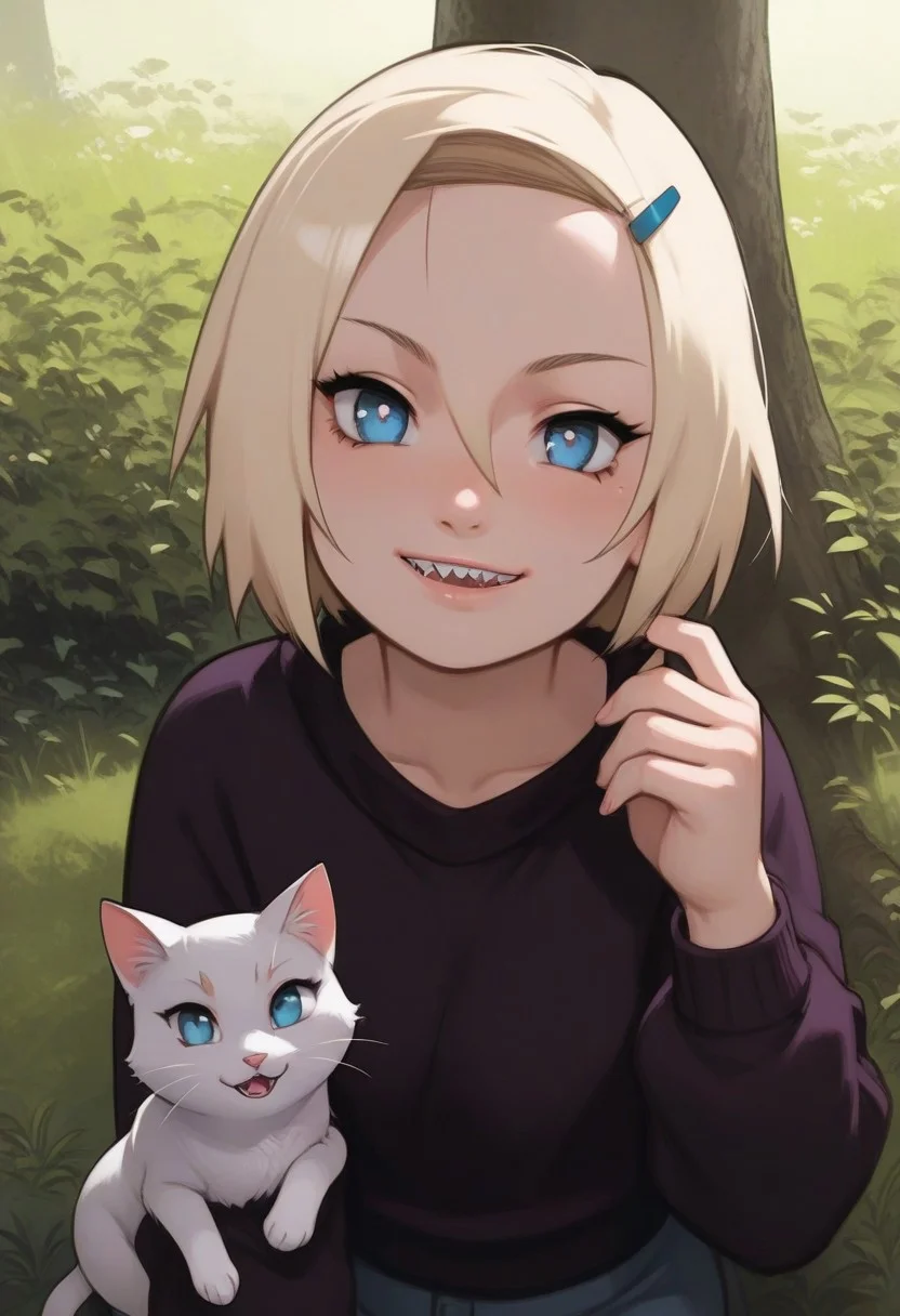 ino, hair ornament, hairclip, 1girl, solo, blonde hair, short hair, blue eyes, smile, looking at viewer, BREAK level_9, level_8_up, level_7_up, source_anime, masterpiece, BREAK naruhodou_artstyle, BREAK outdoor, sweater, selfie
long hair, shirt, cross-shaped pupils, hair between eyes, sharp teeth, smiling,
BREAK
level_9, level_8_up, level_7_up, level_6_up, level_5_up, source_anime, masterpiece
BREAK
laying on the floor, cats, a lot of cats, cats all around, covered in cats, CATS, cat, happy, cats everywhere, cats all over ino cuddling, cute, patting cats, various colors of cats, various cats,