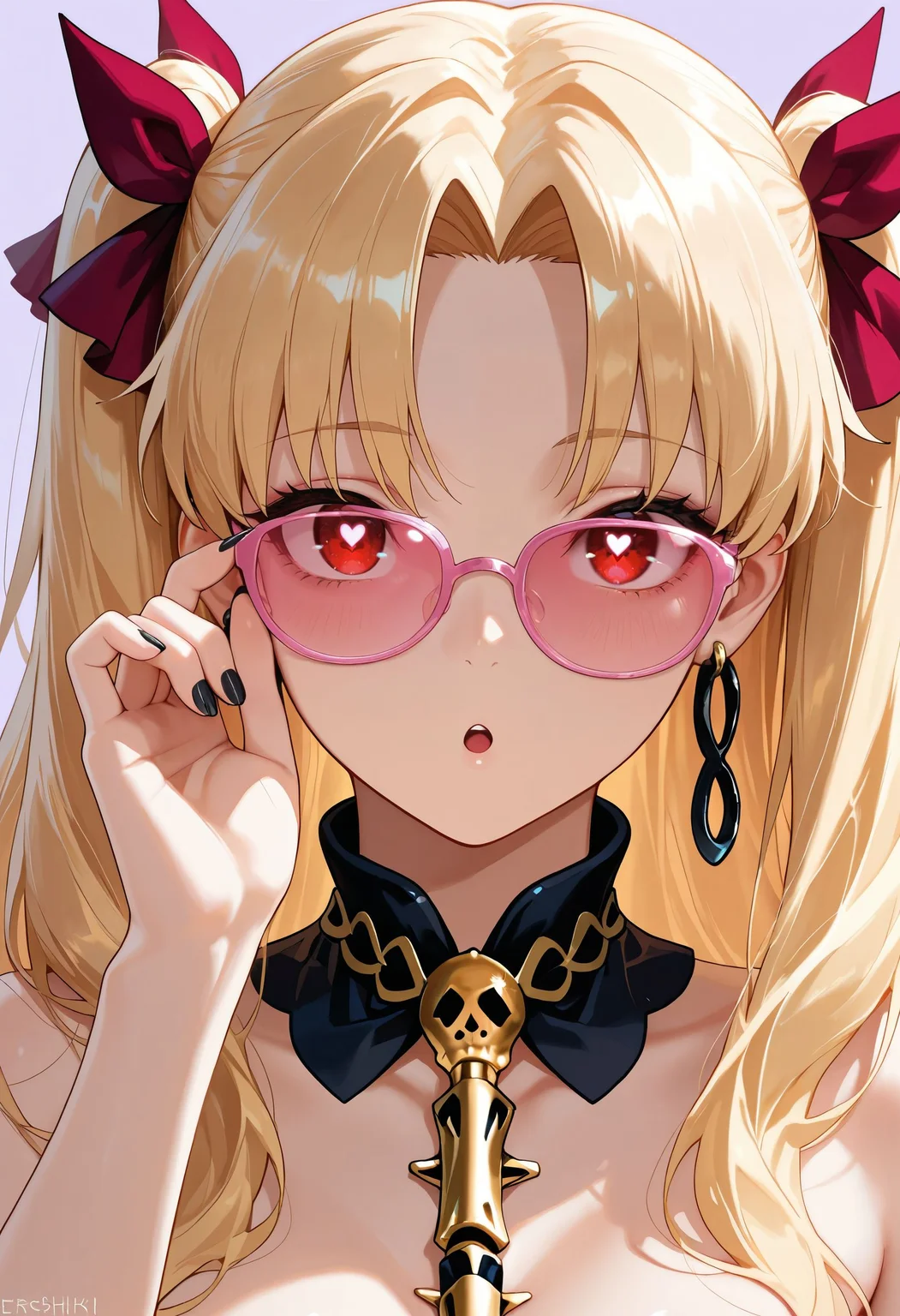 masterpiece,best quality,amazing quality,absurdres, ereshkigal \(fate\), 1girl, :o, adjusting eyewear, artist name, black nails, blonde hair, earrings, fingernails, hair ribbon, heart, heart-shaped pupils, jewelry, long hair, parted bangs, pink-framed eyewear, pink-tinted eyewear, portrait, purple background, red eyes, red ribbon, ribbon, simple background, solo, star \(symbol\), symbol-shaped pupils, tinted eyewear, two side up, upper body