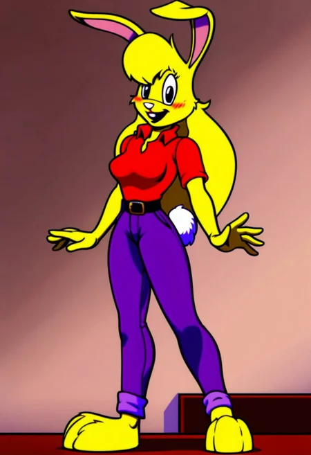 score_9, score_8_up, score_7_up, score_6_up, score_5_up, score_4_up, retro artstyle, BREAK
LoriJackRabbitPXL, rabbit girl,long yellow hair,yellow skin,1girl, solo,rabbit tail,yellow skin, animal ears, pants, black eyes, colored skin,rabbit ears,long yellow hair, belt, smile, shirt, black belt, open mouth, looking at viewer,rabbit girl,rabbit tail, full body, breasts, standing, furry female, blush, red shirt,purple pants, :d, indoors,barefoot,furry, midriff peek
<lora:lorijackrabbit-v1:0.9>