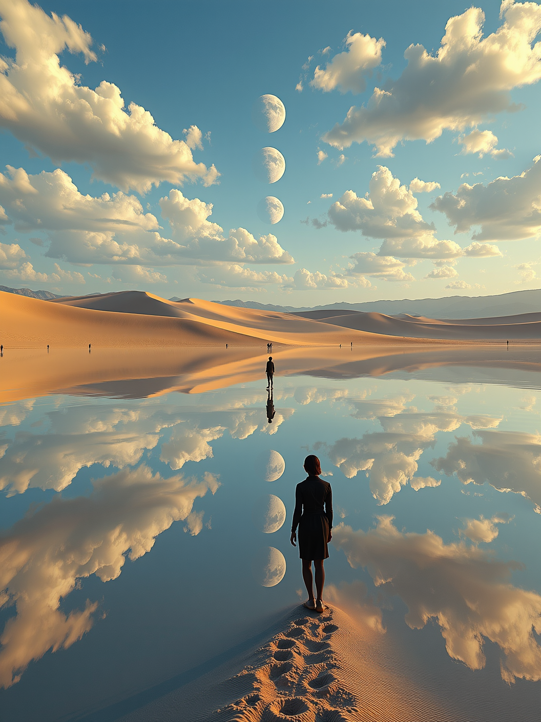 Infinite mirror desert. Vast expanse of sand that reflects the sky, clouds, and distant horizon like a perfect mirror. Walking figures are reflected from all angles, creating endless duplicates of each movement. Giant mirrored dunes ripple across the landscape, casting strange reflections of the three moons hanging in the sky. The desert feels like a surreal labyrinth of reflections and endless mirages, bending reality and perception.
