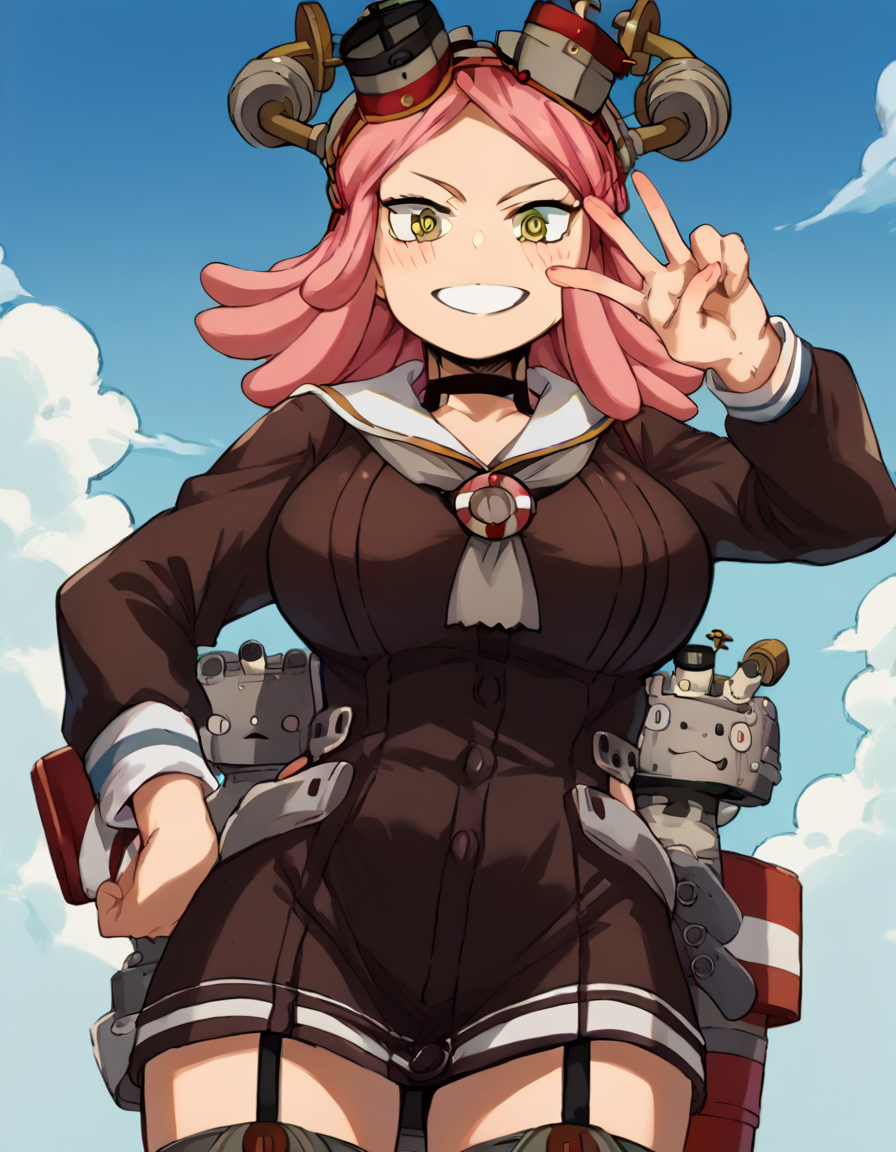 score_9, score_8_up, score_7_up, source_anime, <lora:mei-hatsume-s3-ponyxl-lora-nochekaiser:1>, mei hatsume, yellow eyes, pink hair, medium hair, symbol-shaped pupils, large breasts,, <lora:kancolle-amatsukaze-cosplay-ponyxl-lora-nochekaiser:1>, kancolle amatsukaze cosplay, amatsukaze (kancolle) (cosplay), lifebouy ornament, sailor dress, smokestack hair ornament, grey neckerchief, lifebouy, cosplay, garter straps, brown dress, striped thighhighs, mini hat, red thighhighs, short dress,, ocean, smile, blush, blue sky, v, cowboy shot, looking at viewer,, , dutch angle, cowboy shot
