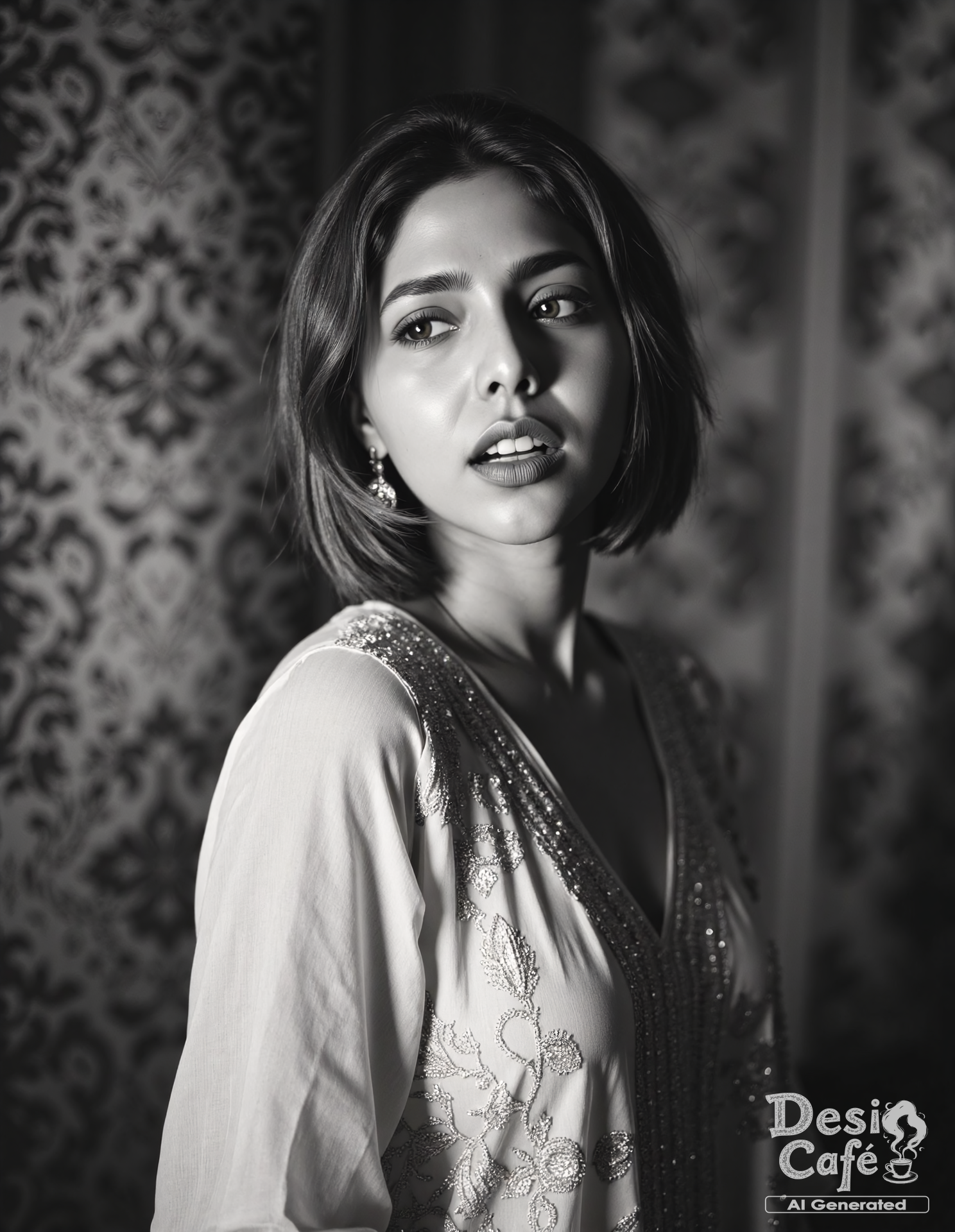 vintage greyscale photo of Aishwarya Lekshmi woman, hyper realistic photo that is safe for work, angry, studio quality image, well dressed wearing intricate sleevelessKurti with Leggings, hair styled as wispy fringe,muted shaded wallpaper background that contrasts with the person, cinematic lighting,âââââ <lora:Aish_Lekshmi_Flux_Kohya_V1-step00000300:1>âââ