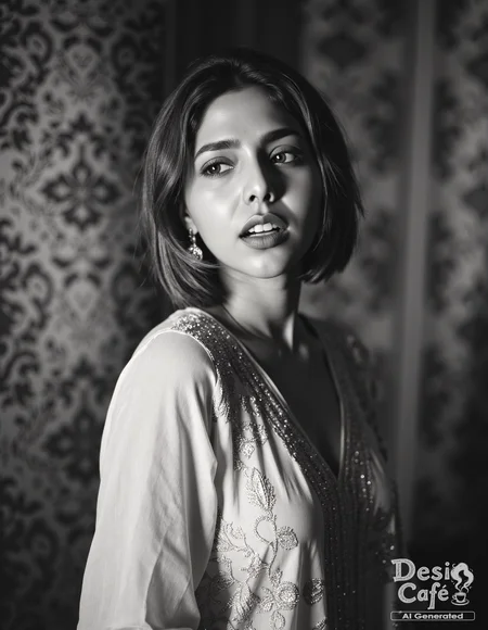 vintage greyscale photo of Aishwarya Lekshmi woman, hyper realistic photo that is safe for work, angry, studio quality image, well dressed wearing intricate sleevelessKurti with Leggings, hair styled as wispy fringe,muted shaded wallpaper background that contrasts with the person, cinematic lighting,âââââ <lora:Aish_Lekshmi_Flux_Kohya_V1-step00000300:1>âââ