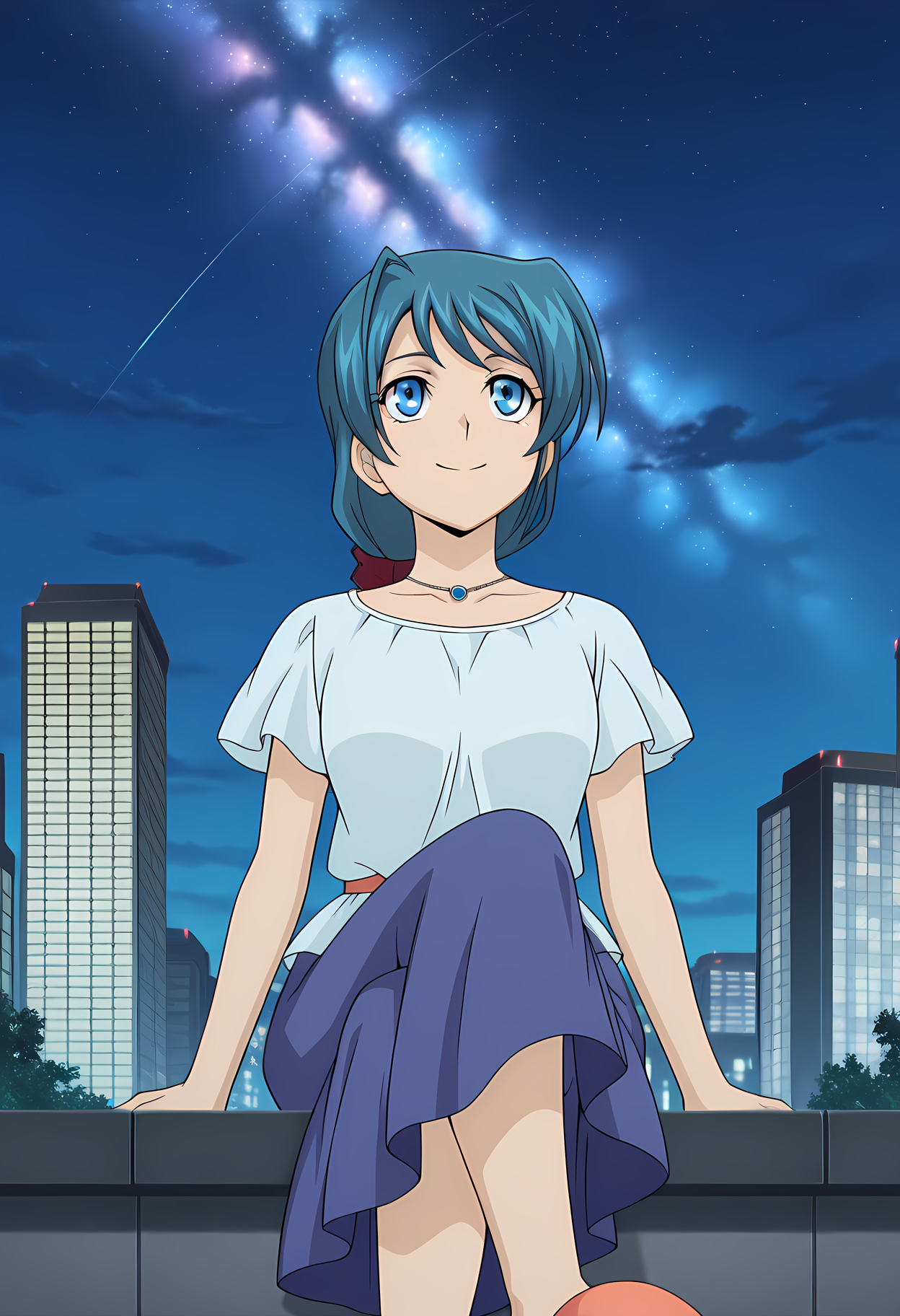 masterpiece,best quality,amazing quality,

1girl, solo, face focus,

Shizuka Sendou (Cardfight Vanguard), long hair, blue hair, blue eyes, necklace, jewelry, shirt, short sleeves, slippers, long skirt, blue skirt, 

looking up, smile,

cinematic, cross legs, crossing legs, 

Outdoors, night, On top skyscraper, galaxy sky,

Lens flare, bloom,

Official style, anime screencap, anime coloring,












