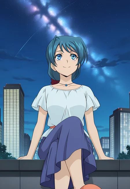 masterpiece,best quality,amazing quality,
1girl, solo, face focus,
Shizuka Sendou (Cardfight Vanguard), long hair, blue hair, blue eyes, necklace, jewelry, shirt, short sleeves, slippers, long skirt, blue skirt,
looking up, smile,
cinematic, cross legs, crossing legs,
Outdoors, night, On top skyscraper, galaxy sky,
Lens flare, bloom,
Official style, anime screencap, anime coloring,