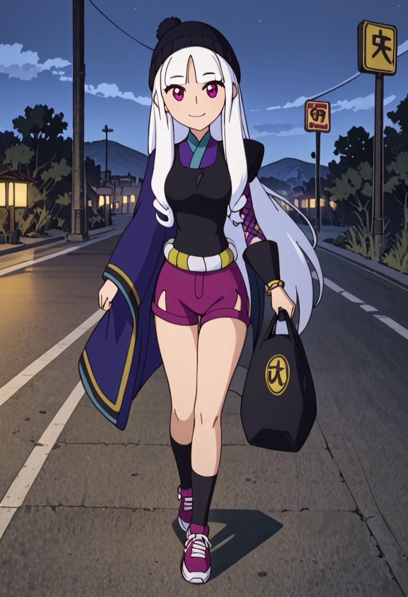 Togame, white hair, purple eyes, blunt bangs, long hair, Japanese clothes, full body, solo
looking at viewer, smile, blue eyes, hat, jewelry, jacket, pink hair, outdoors, sky, shoes, shorts, bag, bracelet, night, ground vehicle, sneakers, walking, city, sign, beanie, road, street, road sign, traffic light, crosswalk