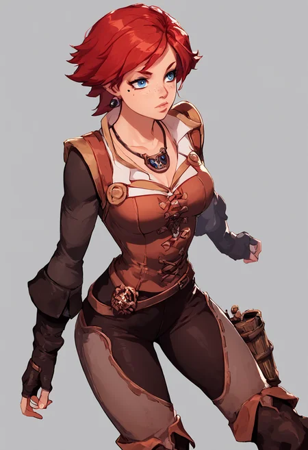 score_9,score_8_up,score_7_up,score_6_up, 1 woman, beautiful thighs, dynamic view, fantasy style, source anime, gothic, <lora:Brita_Overlord:0.77> brita, red hair, 1girl, solo, short hair, blue eyes, tomboy, mole under eye, freckles, necklace, gloves, warrior adventuress, boots, fingerless gloves, hourglass figure, oiled skin, lusty sexy facial expression, lips, beautiful breasts <lora:add-detail-xl:1> <lora:SimplePositive_XL_v1_AutoRunMech:1> <lora:absurdres_quality:1> <lora:Smooth Anime 2 Style SDXL_LoRA_Pony Diffusion V6 XL:1>