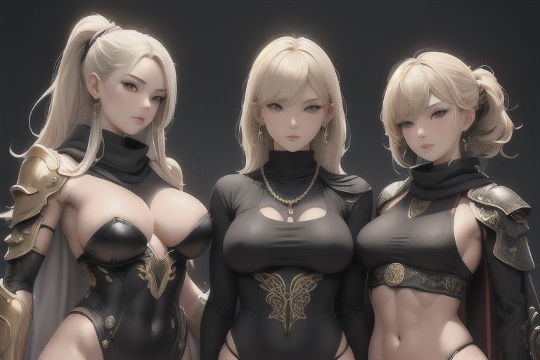 three women side by side, triplets, long hair, short hair, blonde, close up face portrait, photo, hd (masterpiece, best quality), 1girl, <lora:rangiku-nvwls-v1:1> Samurai girl, sexy armor, tight knit black chain link, full black samurai armor with intricate gold accents and details, short white blonde hair, Japanese, beautiful, no mask, calm, fit, abs, muscular, tight waist, built, leggings, firm small breasts, hard nipples, flashing blade. camel toe, camel toe pussy, long black flowing scarf, scarf long flows down from neck behind back, high fantasy, cloak. small Gold and diamond earrings. intricate mask part of scarf Size: 640x640, Model: henmixReal_v40, Version: ## 1.4.0, Mask blur: 8, Model hash: f4151d2b7b, Denoising strength: 0.47 buns, muscular thighs