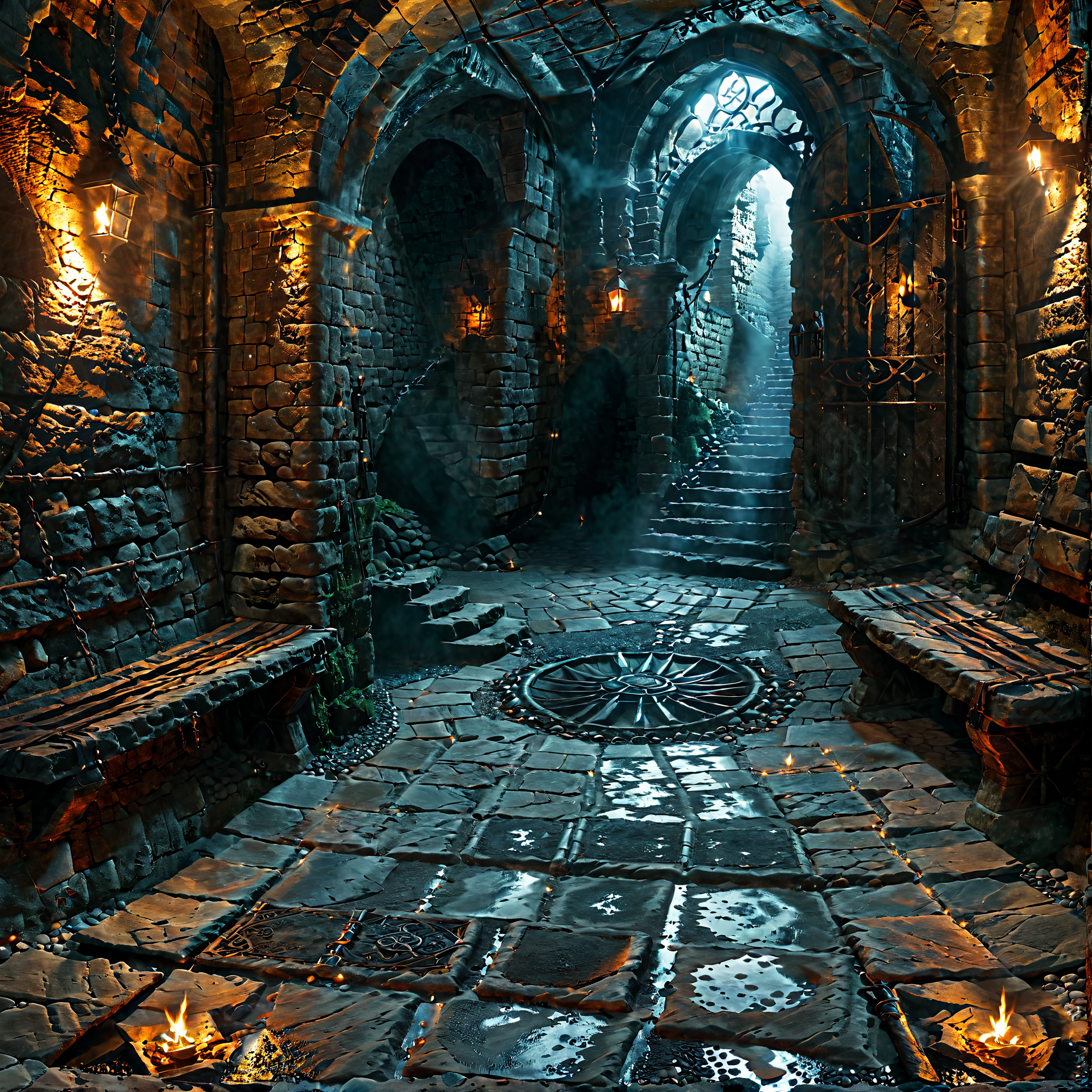 Horror-themed stairs, outdoors, stone floor, no humans, window, cave, fantasy, <lora:The_Deep_Dark_Dungeon-SDXL:0.8>, deepdarkdungeon, best quality, masterpiece, 4k, uncensored, prefect lighting, rating_explicit, very aesthetic, detailed, <lora:add_details_xl:0.6>, very detailed, <lora:SDXLHighDetail_v5:0.6> . Eerie, unsettling, dark, spooky, suspenseful, grim, highly detailed