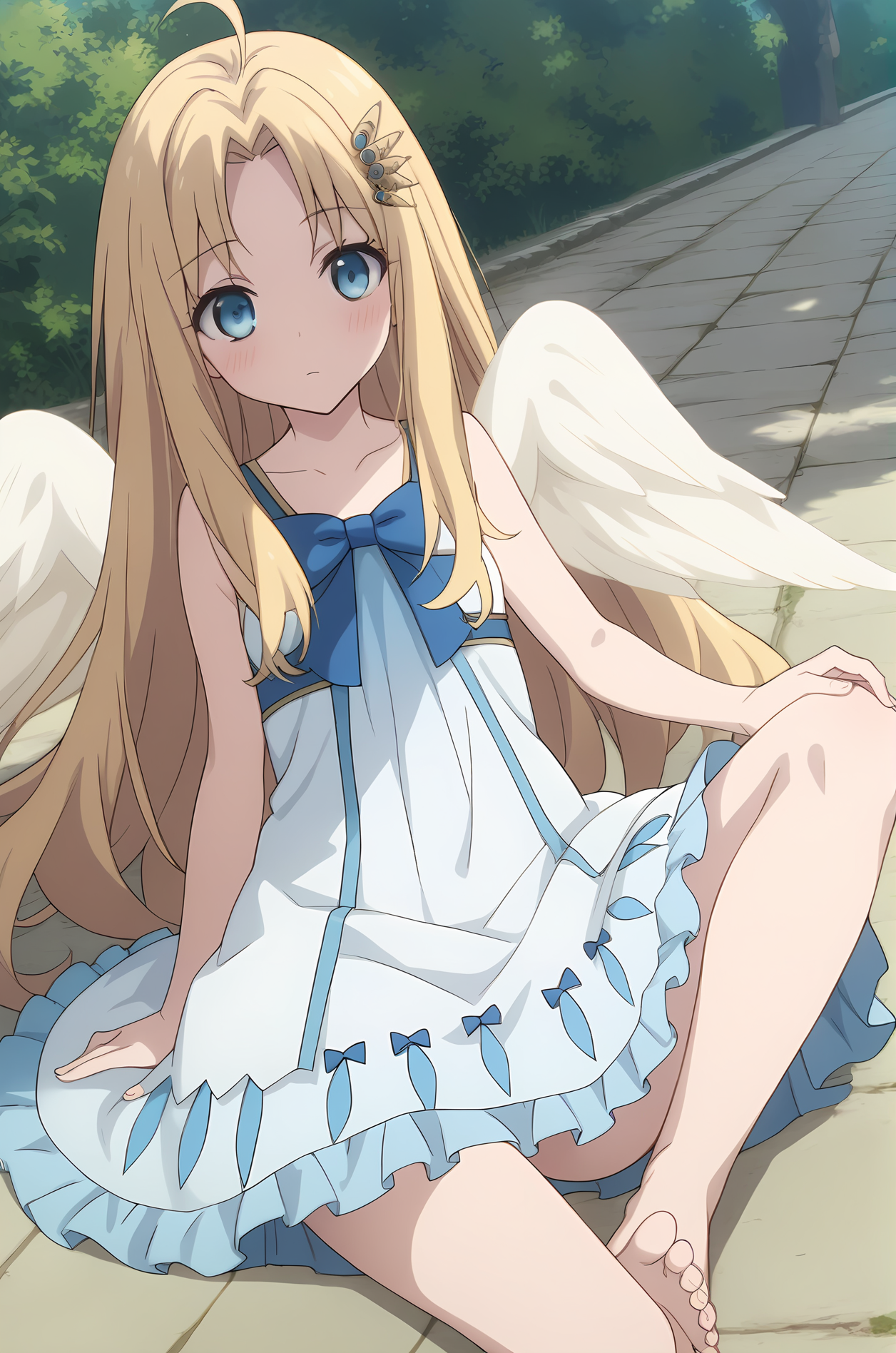 (white dress:1.40), sh-filo, white wings, long hair, parted bangs, ahoge, hair ornament, blue eyes, 1girl, solo, skinny, (score_9, score_8_up, score_8, score_7_up), score_7, score_6_up, score_6, source_anime,
(blush:1.20),
(sunset outdoors:1.20),
(close-up:1.30),
(feet:1.30), <lora:sh-filo-V01:1.00>, (small breasts), [bare legs, barefoot]