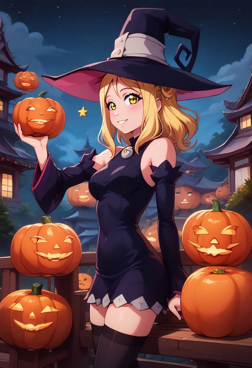 score_9, score_8_up, score_8, medium breasts, (curvy), cute, eyelashes, sitting on bench, side view, smile, looking at viewer,  ,,, 
<lora:mari-ohara-s2-ponyxl-lora-nochekaiser:1>, mari ohara, long hair, bangs, blonde hair, hair ornament, yellow eyes, braid, medium hair, hair rings, crown braid,
witch hat, witch, detached sleeves, black short dress, thighhighs,
<lora:wizard-ponyxl-lora-nochekaiser:1>, wizard, 
(pumpkins), night, stars, 
cowboy shot,  BREAK, pnkBldng, sky, day, cloud, tree, blue sky, building, architecture, east asian architecture, BREAK,  embedding:zPDXL, Expressiveh,   <lora:PinkBuildingsPDXL_v2:0.6>,  <lora:CatalystStylePDXL:0.3>,  <lora:SDXLFaeTastic2400:0.5>,  <lora:Expressive_H-000001:0.4>,
