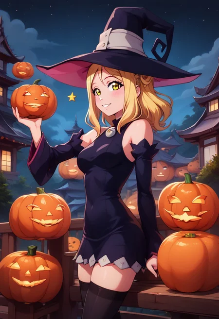 score_9, score_8_up, score_8, medium breasts, (curvy), cute, eyelashes, sitting on bench, side view, smile, looking at viewer,  ,,, 
<lora:mari-ohara-s2-ponyxl-lora-nochekaiser:1>, mari ohara, long hair, bangs, blonde hair, hair ornament, yellow eyes, braid, medium hair, hair rings, crown braid,
witch hat, witch, detached sleeves, black short dress, thighhighs,
<lora:wizard-ponyxl-lora-nochekaiser:1>, wizard, 
(pumpkins), night, stars, 
cowboy shot,  BREAK, pnkBldng, sky, day, cloud, tree, blue sky, building, architecture, east asian architecture, BREAK,  embedding:zPDXL, Expressiveh,   <lora:PinkBuildingsPDXL_v2:0.6>,  <lora:CatalystStylePDXL:0.3>,  <lora:SDXLFaeTastic2400:0.5>,  <lora:Expressive_H-000001:0.4>,