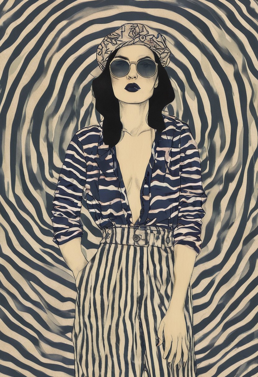 Front profile half body illustration, at a party, a punk 80's Asian model woman with a 50's beret, Long black hair, Momo Yaoyorozu, in a minimal round striped pattern denim jumpsuit and large sunglasses, 80 degree view, art by Sergio Lopez, Natalie Shau, James Jean, Salvador Dali, and an emo 2000's European man., <lora:Vintage_vibes:1>