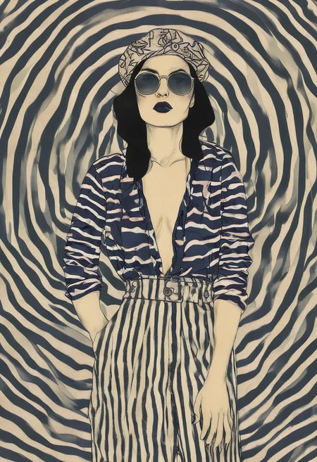 Front profile half body illustration, at a party, a punk 80's Asian model woman with a 50's beret, Long black hair, Momo Yaoyorozu, in a minimal round striped pattern denim jumpsuit and large sunglasses, 80 degree view, art by Sergio Lopez, Natalie Shau, James Jean, Salvador Dali, and an emo 2000's European man., <lora:Vintage_vibes:1>