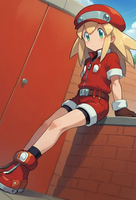 score_9, score_8_up, score_7_up, source_anime, 
ishikawa hideki style, roll caskett (mega man), hair between eyes, bangs, long hair, spiked hair, blonde hair, green eyes, red cabbie hat, brown gloves, short sleeves, brown belt, red bodysuit, zipper, bike shorts under red bodysuit, red boots,