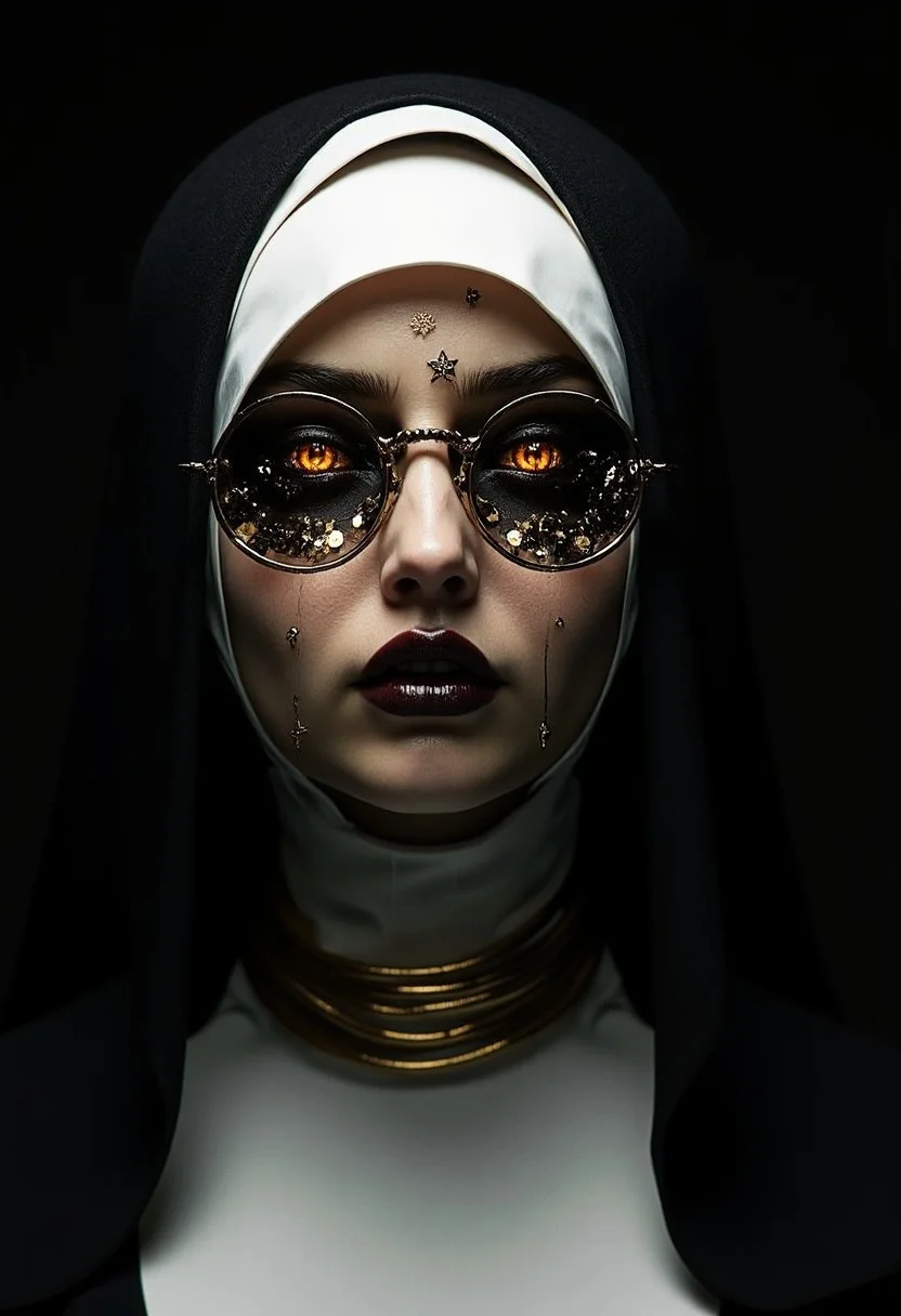 This is a highly detailed, high-resolution photograph of a nun. The nun is depicted in a modern, surreal, and provocative style, blending elements of gothic and religious iconography. She is wearing a traditional habit, which is a black veil and a white wimple, typical of Catholic nuns.