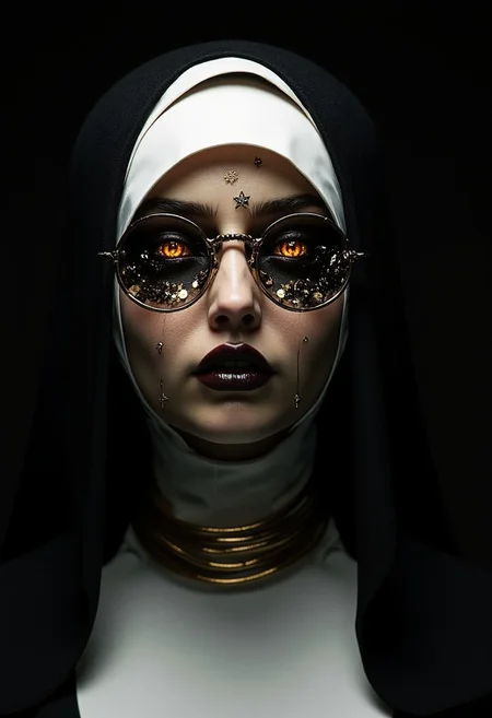 This is a highly detailed, high-resolution photograph of a nun. The nun is depicted in a modern, surreal, and provocative style, blending elements of gothic and religious iconography. She is wearing a traditional habit, which is a black veil and a white wimple, typical of Catholic nuns.