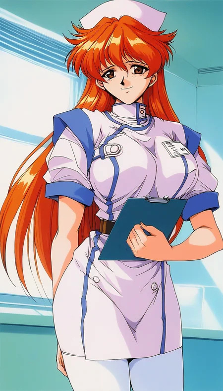 score_9, score_8_up, score_7_up, source_anime, rating_explicit, BREAK <lora:Nogiwa_Miho_OVA_XL:1>Nogiwa_Miho_OVA, long hair, orange hair, bangs, brown eyes, large breasts, 1990s (style)
1girl, solo, nurse, hat, pantyhose, clipboard, nurse cap, smile, 
holding, looking at viewer, white pantyhose, belt, short sleeves,