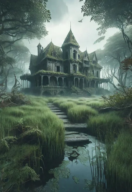 hd, 8k, masterpiece, award winning illustration of an abandoned mansion covered with grass in a swamp, dungeons and dragons style, fantasy, group of adventurers outside, intricate details, heroic fantasy, spooky, fandist, GhostlyStyle